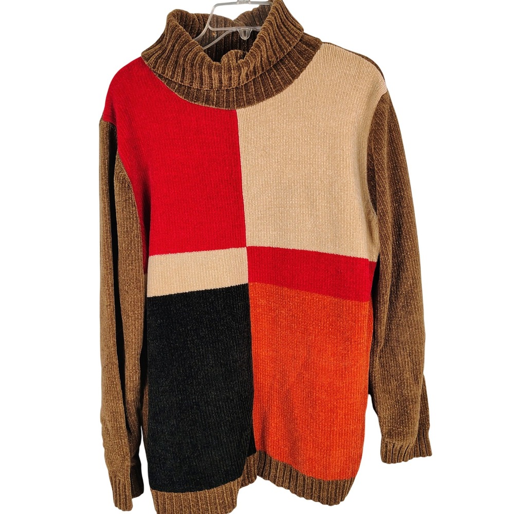 Stephanie Rogers Womens L Colorblock Turtleneck Sweater Multicolor Chenille 90s